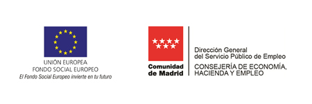 Logotipos Unión Europea Fondo Social Europeo y Consejería de Economía, Hacienda y Empleo de la Comunidad de Madrid
